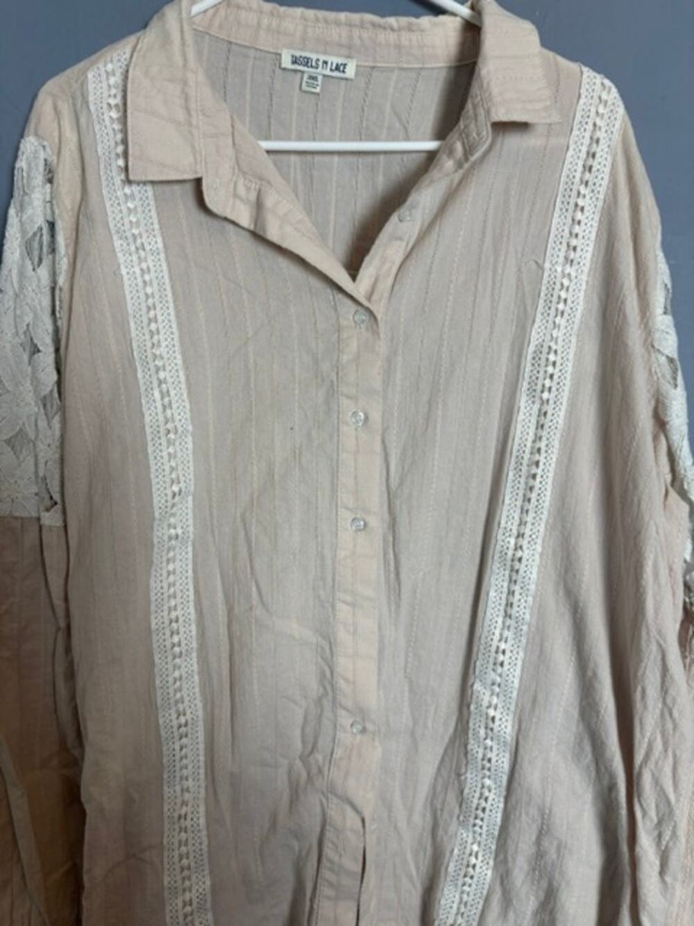 Tassels N Lace Womens Beige Lace Trim Button Front Blouse 3XL